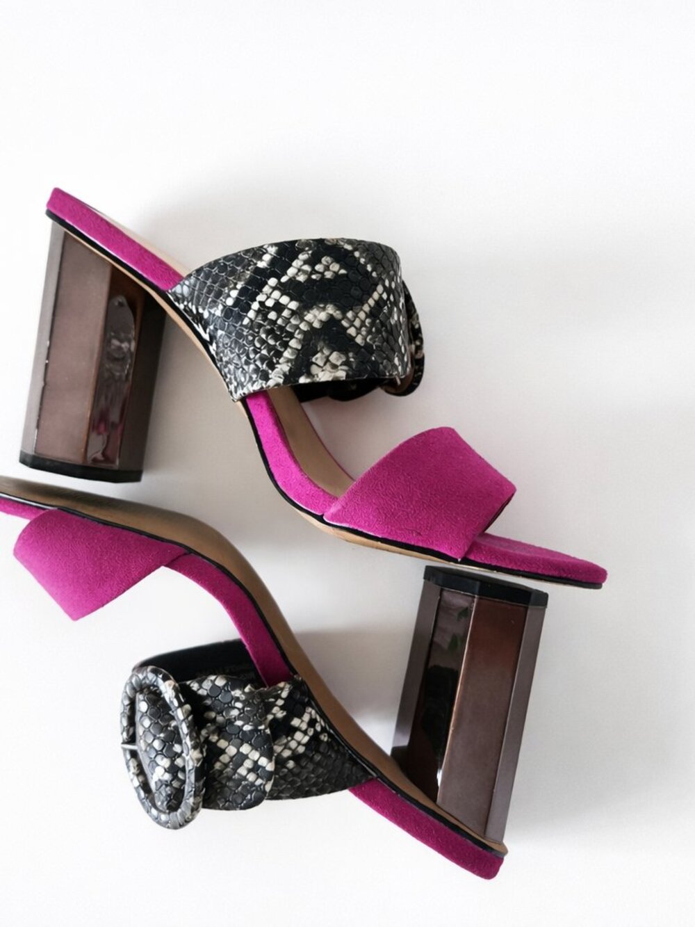 Pink Suede & Snakeskin Mule Heels – Block Heel – Size 38 – Statement Shoes